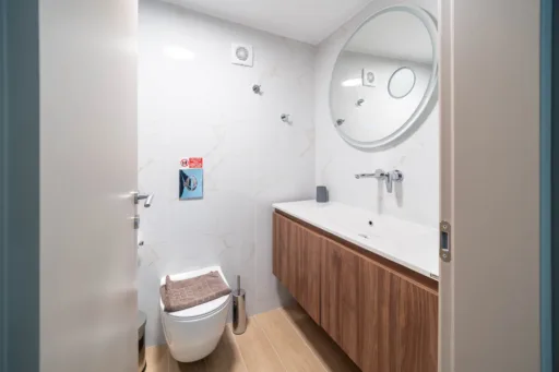 Modern bathroom with walk-in shower and wooden vanity