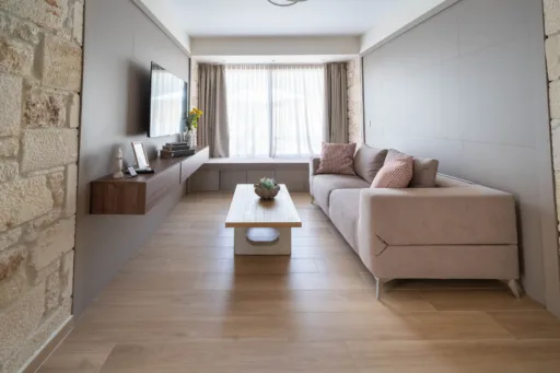 Living room with wide windows overlooking the outdoors