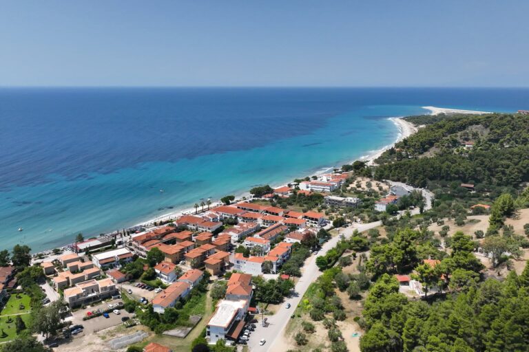 An aerial view of Possidi village and its beach in Kassandra.